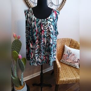 Jones Studio Multicolor Abstract Sleeveless Tank — Teal, Pink & Black